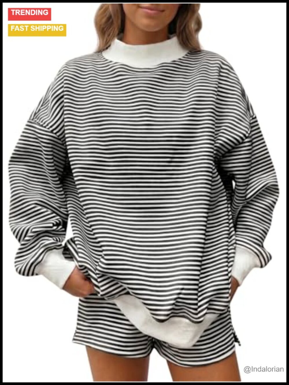 Women's Striped Lounge Outfit 2 Piece Set Mock Neck Long Sleeve